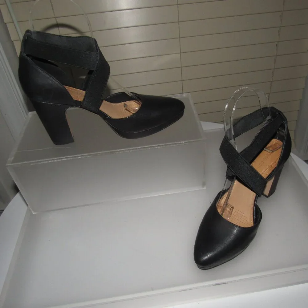 Corso Como Icelyn Black Leather Heels | Crisscross Strap Block Heel Size 6M